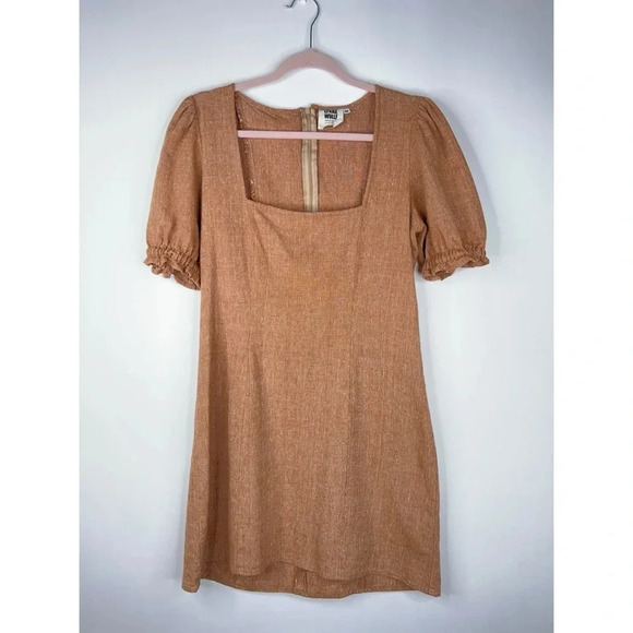 Lykke Wullf Fig Dress Pecan Linen Cotton Mini Dress Square Neck Neutral Medium - Picture 1 of 12